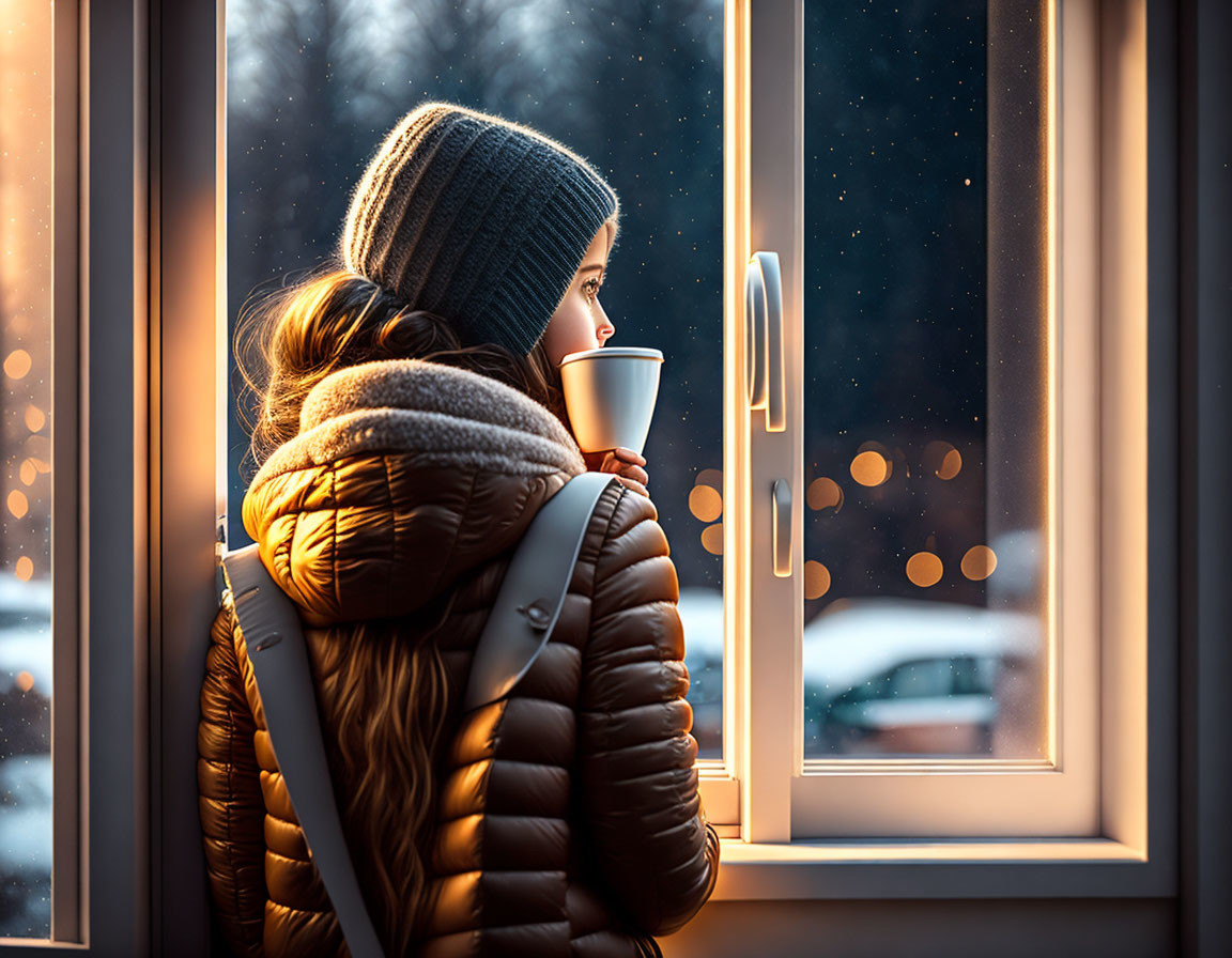 Person in winter hat and coat holding cup by window at dusk