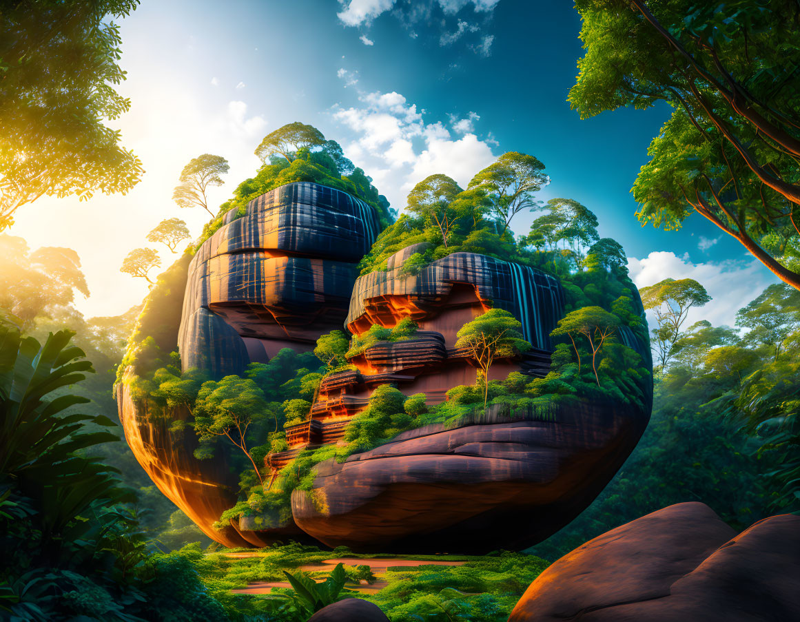 Spherical rock formation with lush greenery in vibrant jungle landscape