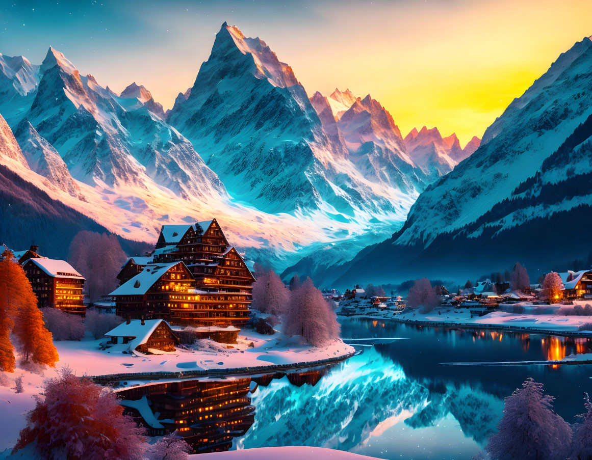 Scenic alpine village at sunset with illuminated buildings, lake, snow-capped mountains, and vibrant