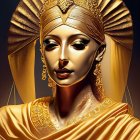 Elegant woman in gold headwrap and dress with intricate jewelry poses against dark background