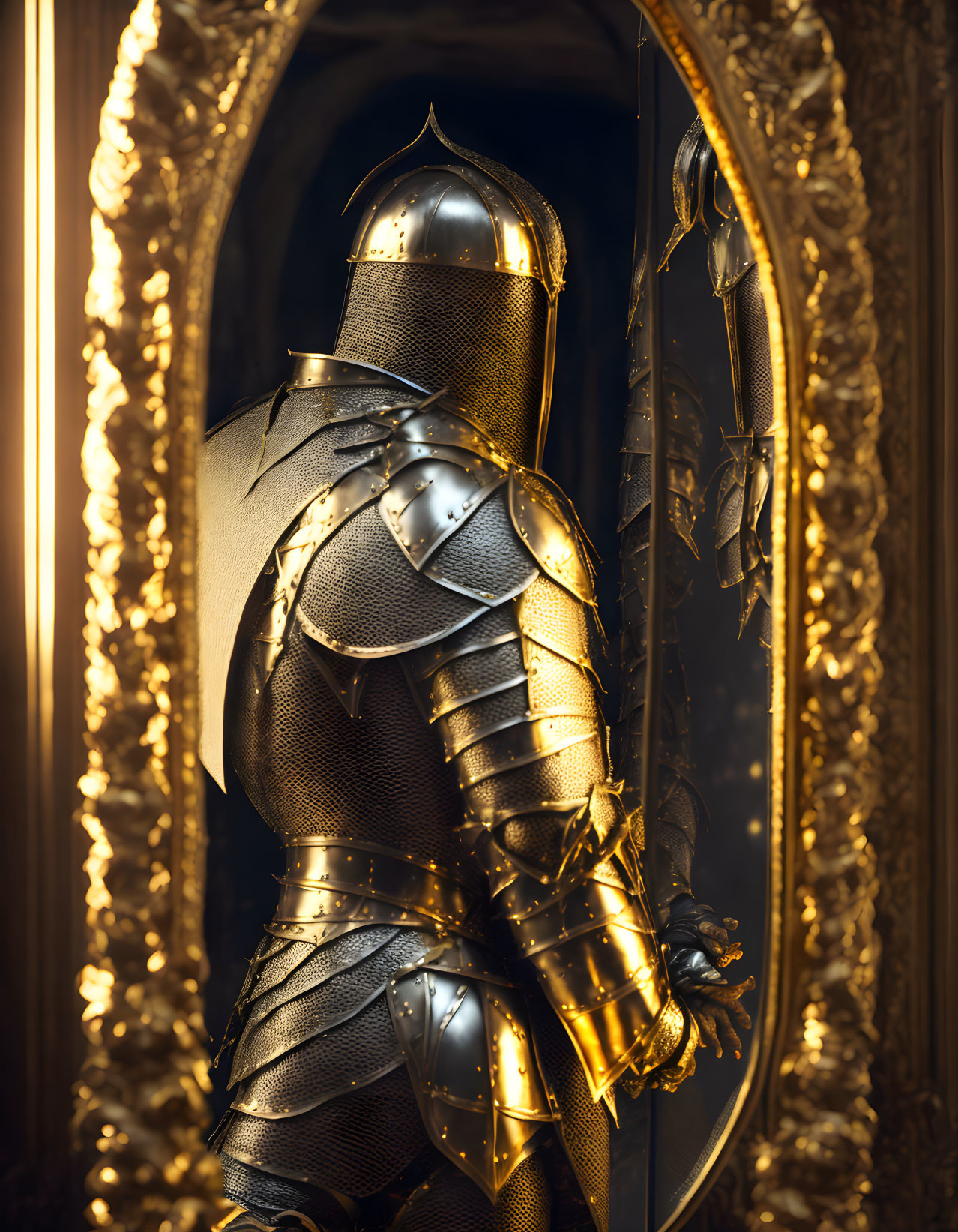Knight in Shining Armor Stands Beside Ornate Mirror