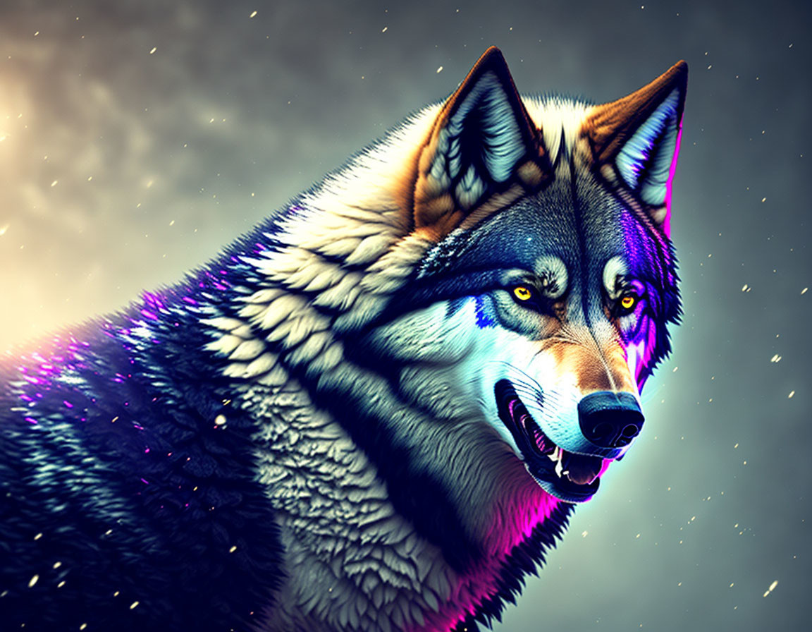Colorful Wolf Digital Artwork with Glowing Eyes on Starry Background