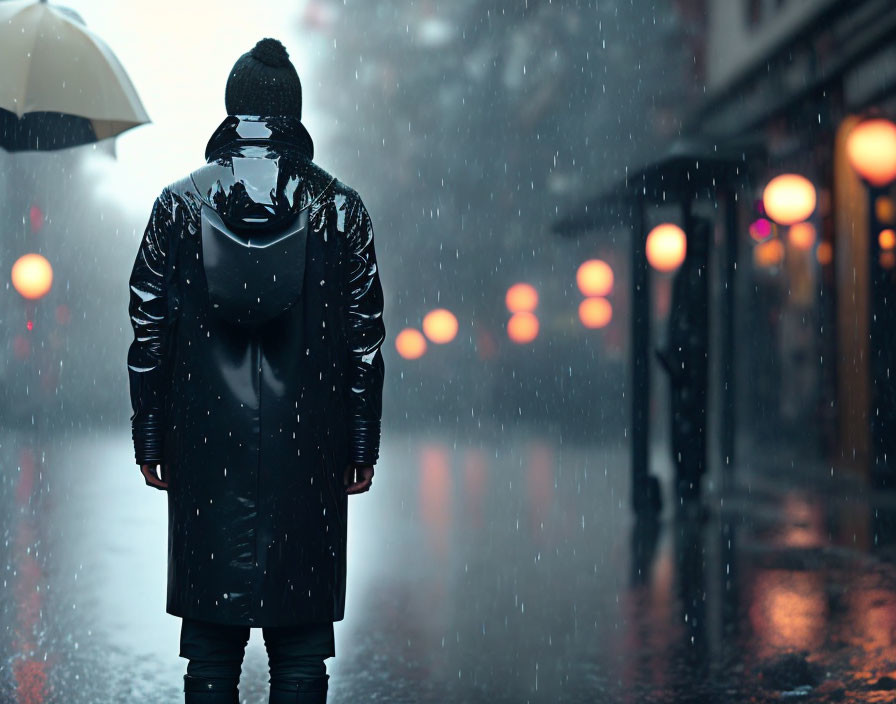 Person in Black Raincoat with Umbrella on Rainy City Street