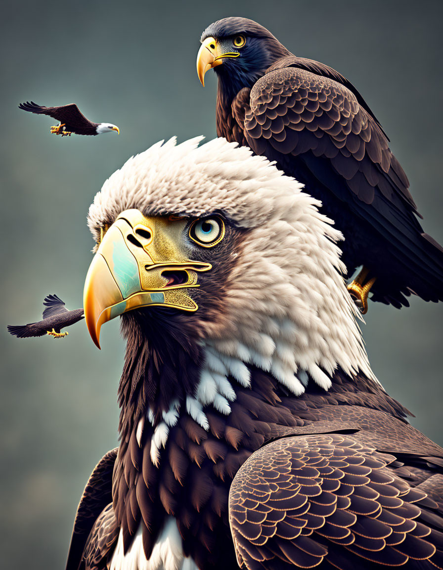 Digital artwork featuring close-up eagle head and flying eagle against cloudy sky