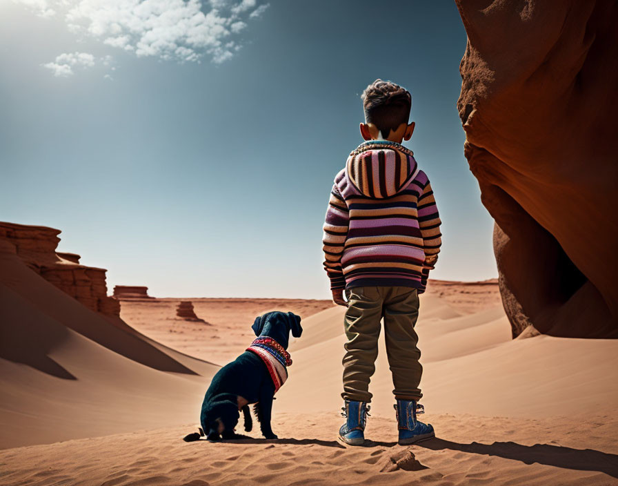 Boy and dog in desert landscape with sand dunes and blue skies
