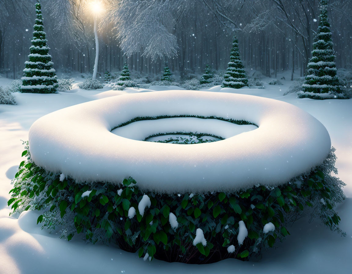 Tranquil forest scene with snow-covered circular hedge and pine trees