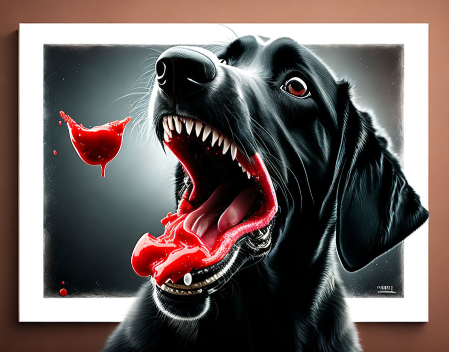 Hyperrealistic Black Dog Painting Catching Red Liquid Splash on Dark Background