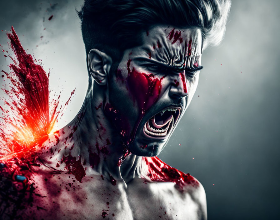 Intense man with red paint splatter expressing raw emotion