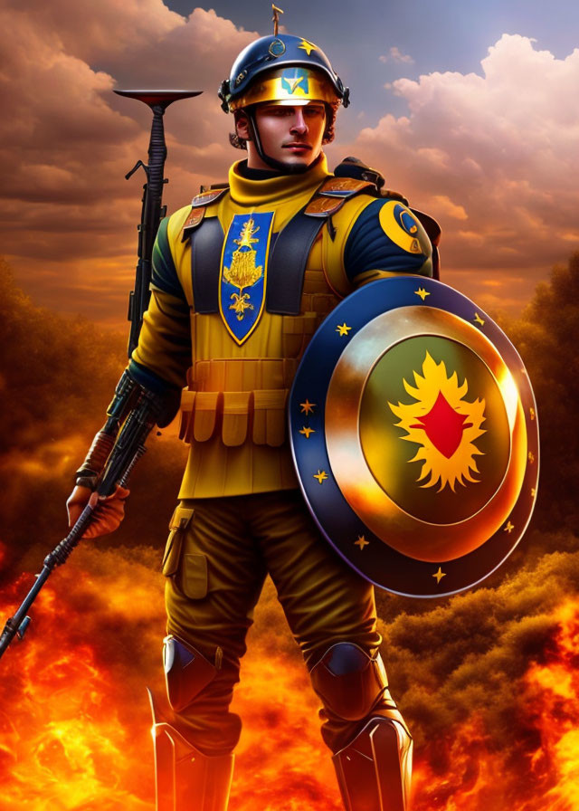 Digitally illustrated modern knight with futuristic armor, rifle, star helmet, and fiery bird shield.