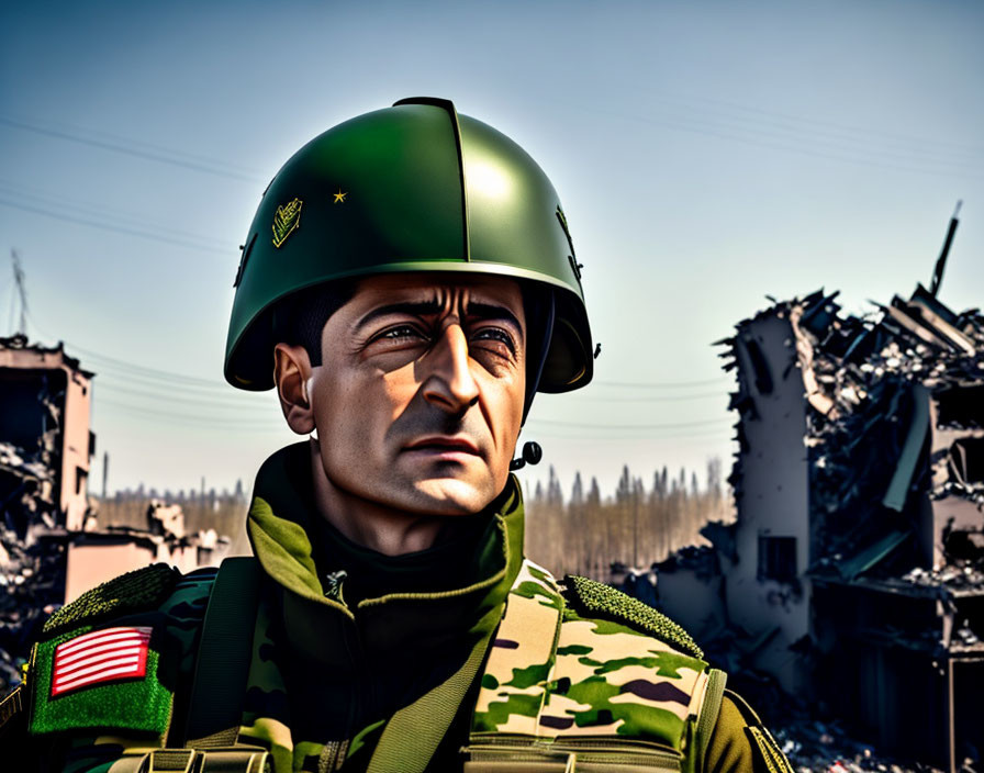 Soldier digital artwork: green helmet, American flag patch, camouflage uniform, destroyed buildings