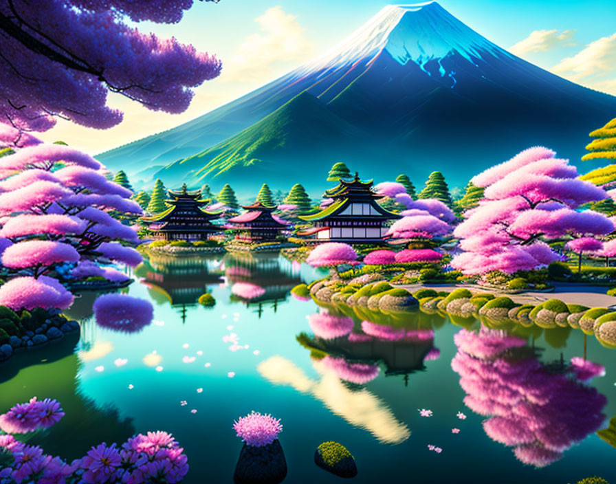 Digital artwork: Mount Fuji, cherry blossoms, traditional Japanese buildings, reflective lake at dawn/dusk