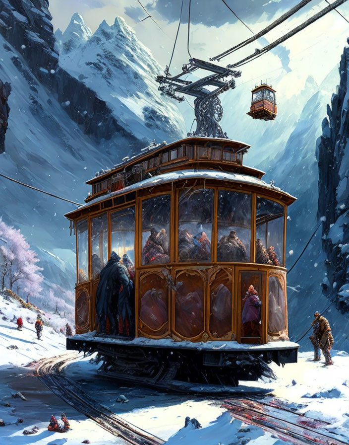 Vintage tram ascends snowy mountain landscape with cable car overhead