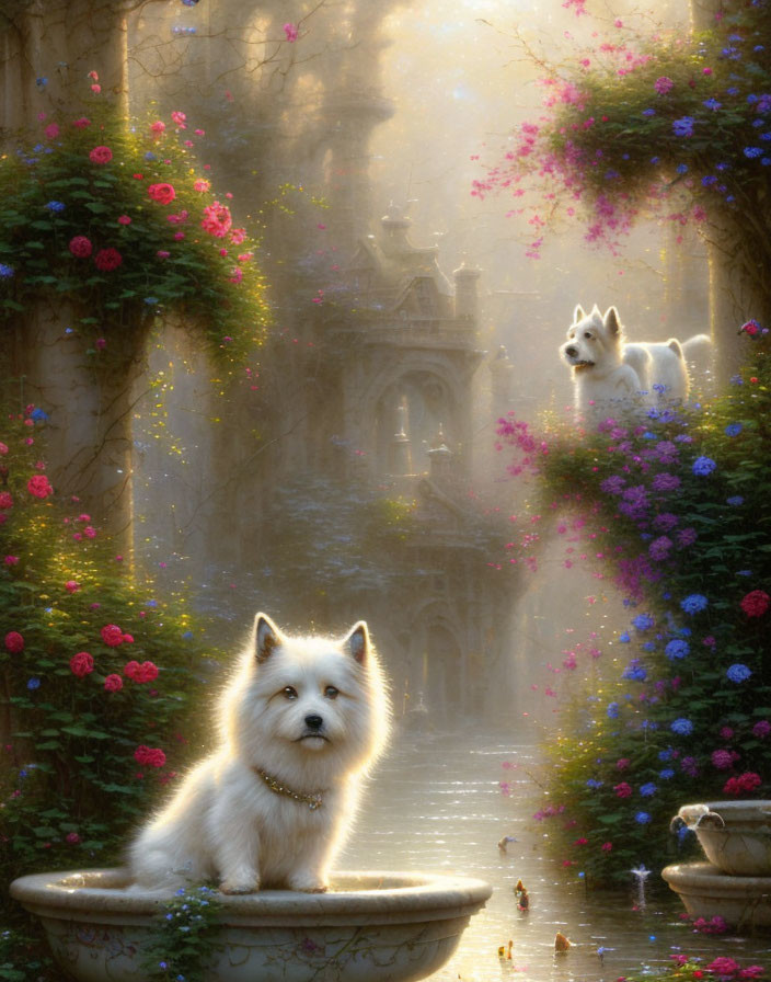 White dog in fountain with garden backdrop and old-world architecture