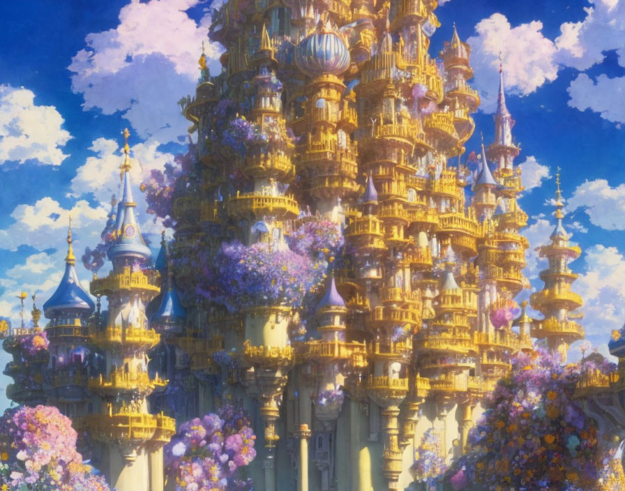 Golden castle with intricate towers and spires in a magical setting