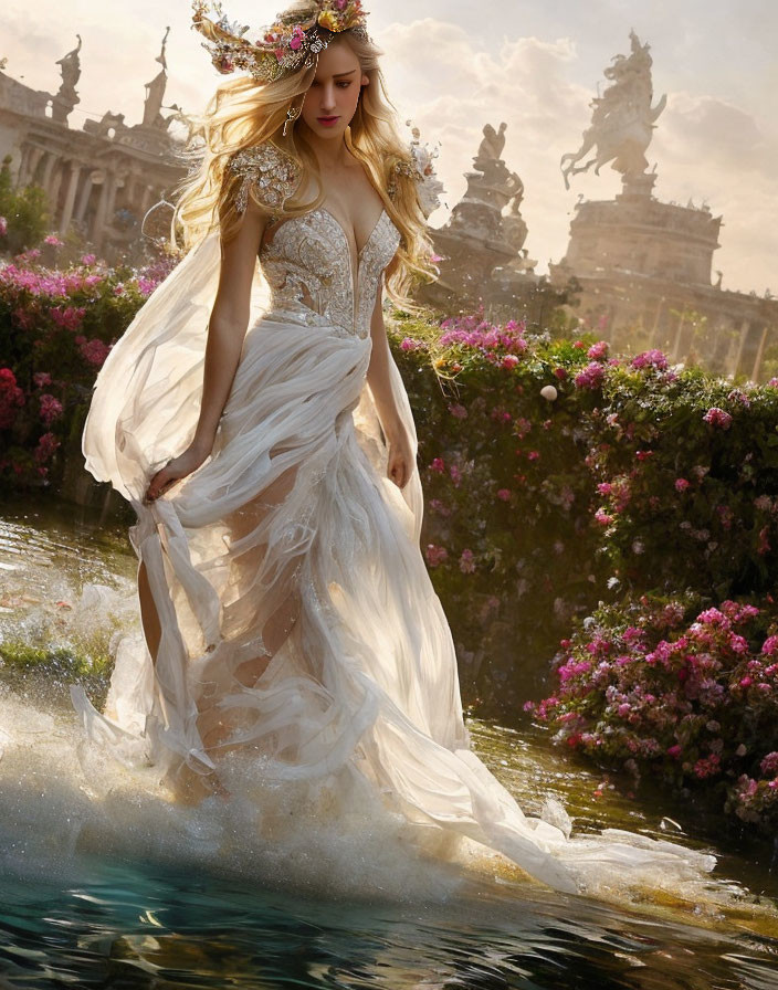 Woman in White Dress Walking by Water with Flower Crown and Baroque Sculptures