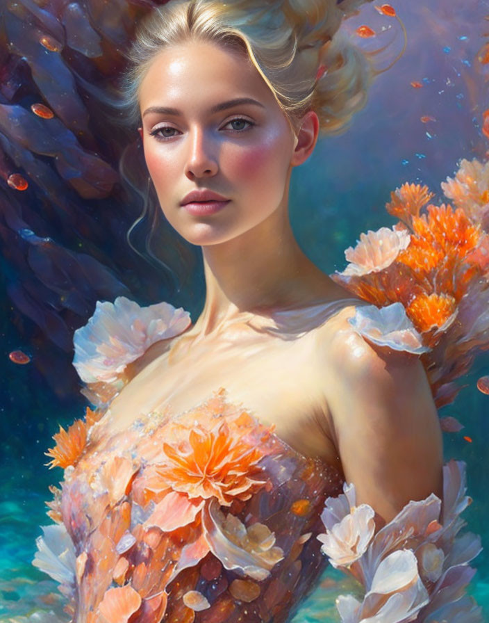Colorful portrait of a woman with floral elements in dreamlike underwater setting