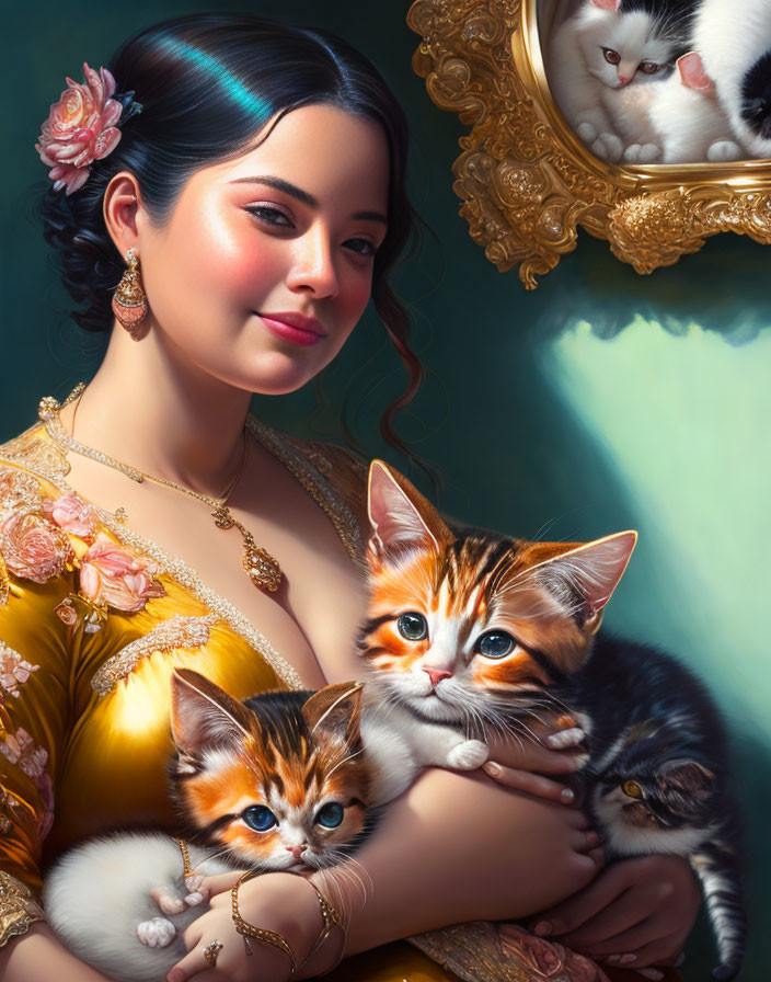 Woman in yellow dress with flower-adorned holding kittens and mirror reflection.