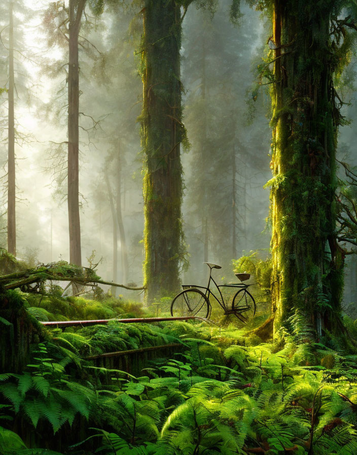 Sunlit forest scene with bicycle among green ferns.