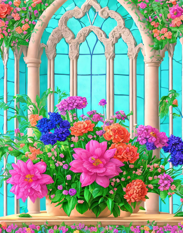 Colorful Floral Arrangement in Front of Gothic-Style Windows