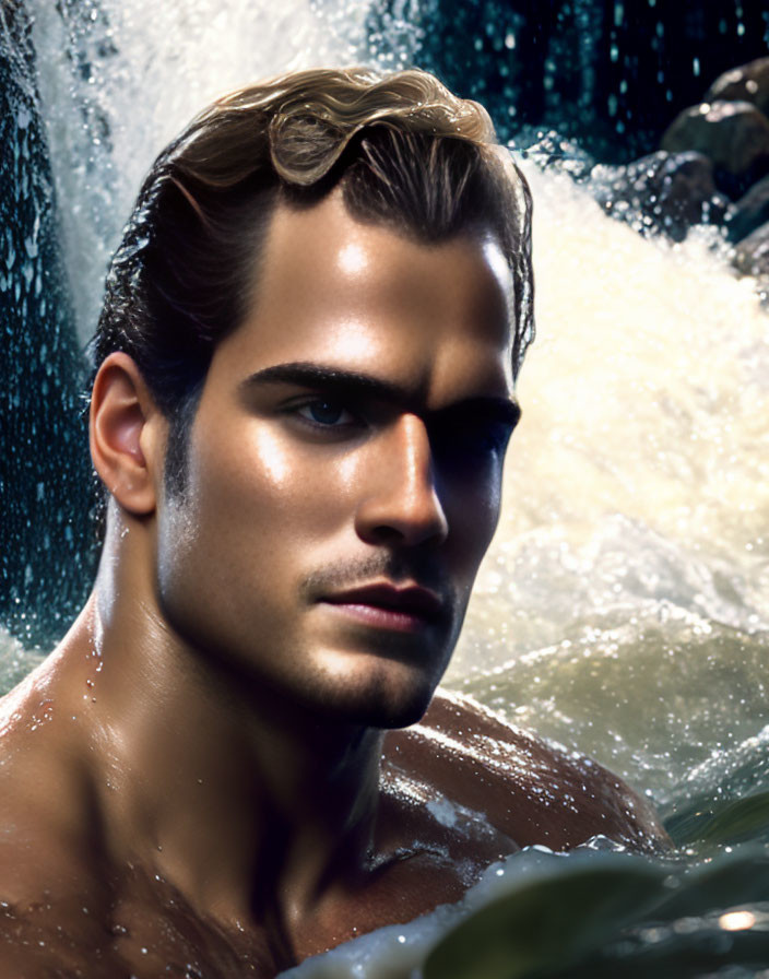 Intense gaze portrait with slicked-back hair and water backdrop