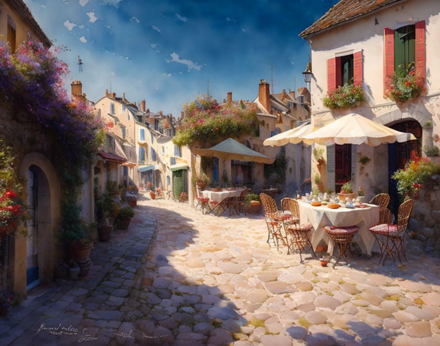 Colorful cobblestone street with charming outdoor cafe and flowers