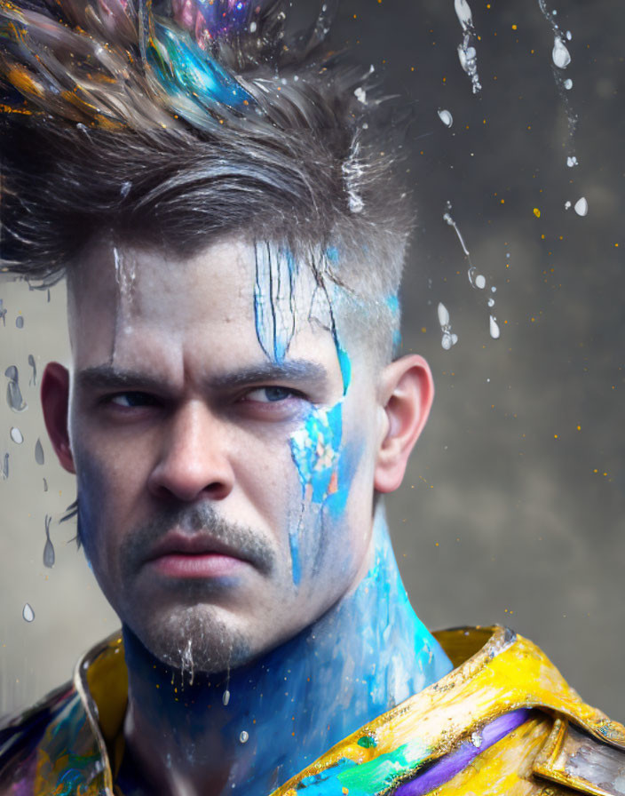 Colorful Face Paint Man with Creative Hairstyle and Water Splashes captured in Photo