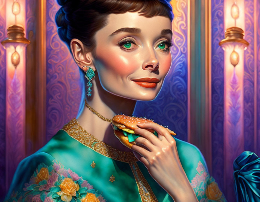 Portrait of woman in jewel-toned dress with hamburger in elegant interior