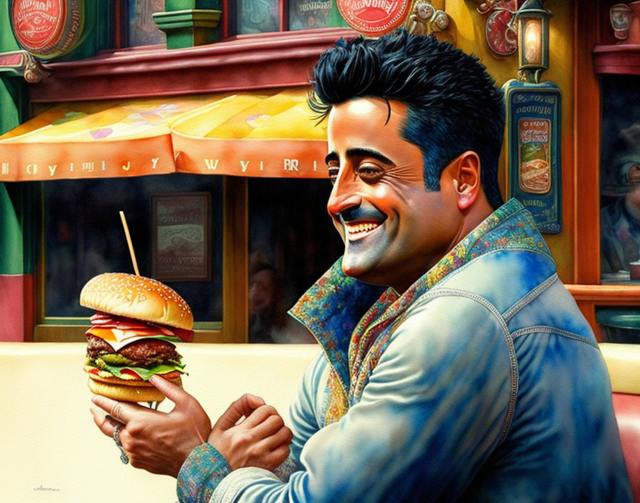 Colorful painting of man with burger in denim jacket at diner