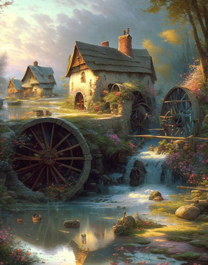 Tranquil rural landscape with thatched cottages, waterwheel, flowers, and ducks