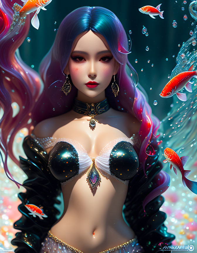 Illustration: Woman with multi-colored hair, gold jewelry, fish, and bubbles.