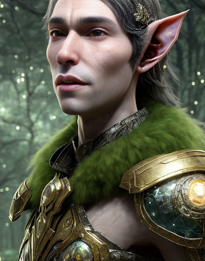 Male elf digital artwork in golden armor and fur-lined cloak in mystical forest