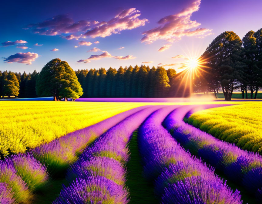 Lavender Field at Sunset with Sun Rays, Trees, and Purple Flowers