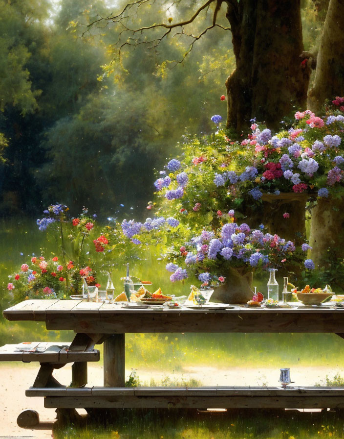 Tranquil outdoor picnic scene with flower-adorned table