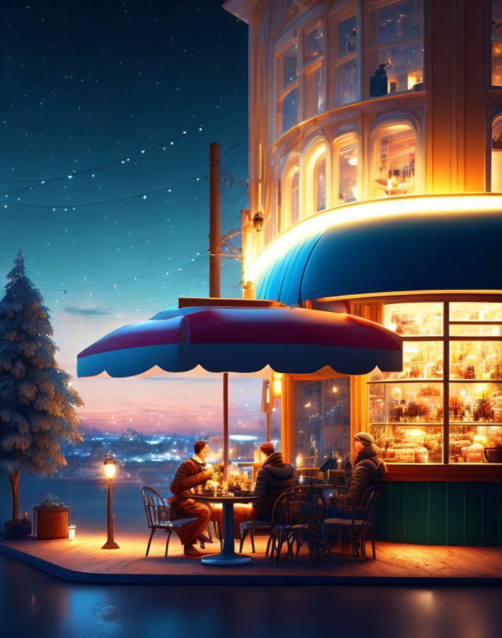 Nighttime Street-Side Cafe with Snowy Scene and Warm Lights