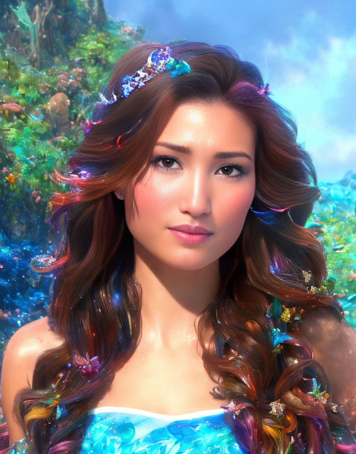 Woman with wavy hair and flowers in soft gaze on floral backdrop