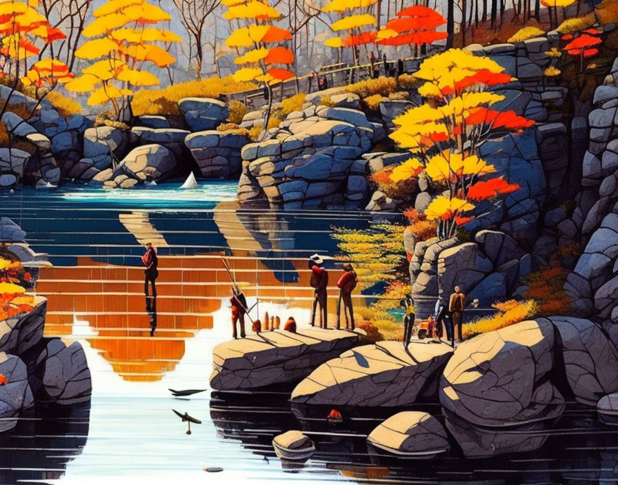 Colorful autumn scene: people by reflective lake, rocky banks, yellow & orange trees