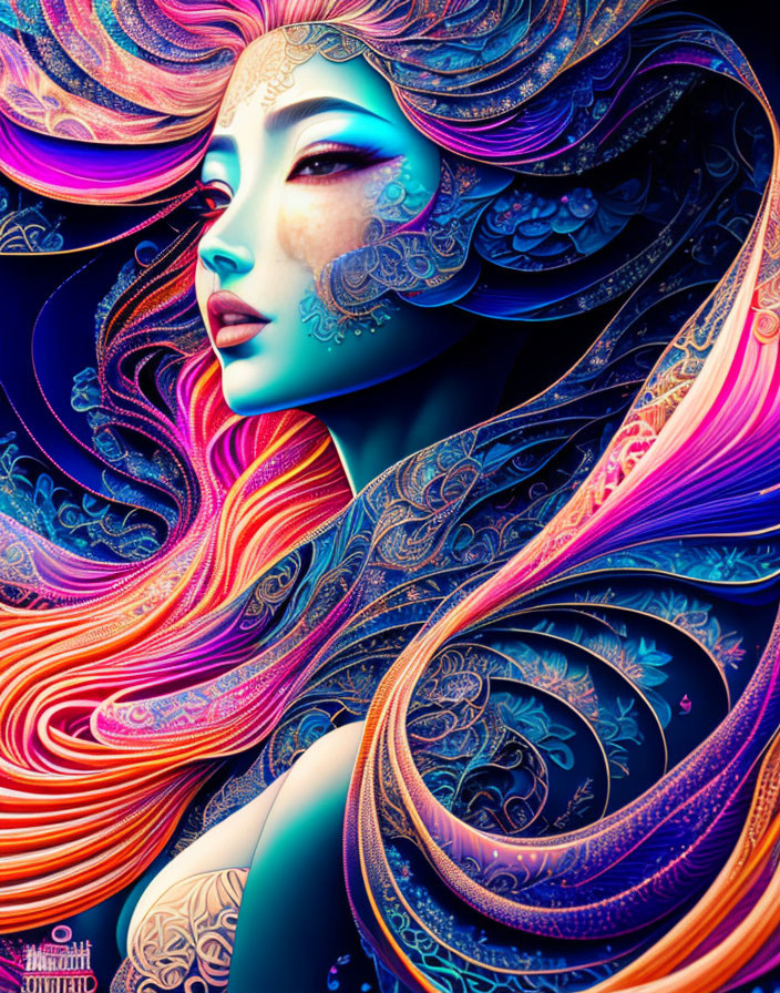 Vibrant digital portrait of a stylized woman with flowing hair and intricate patterns