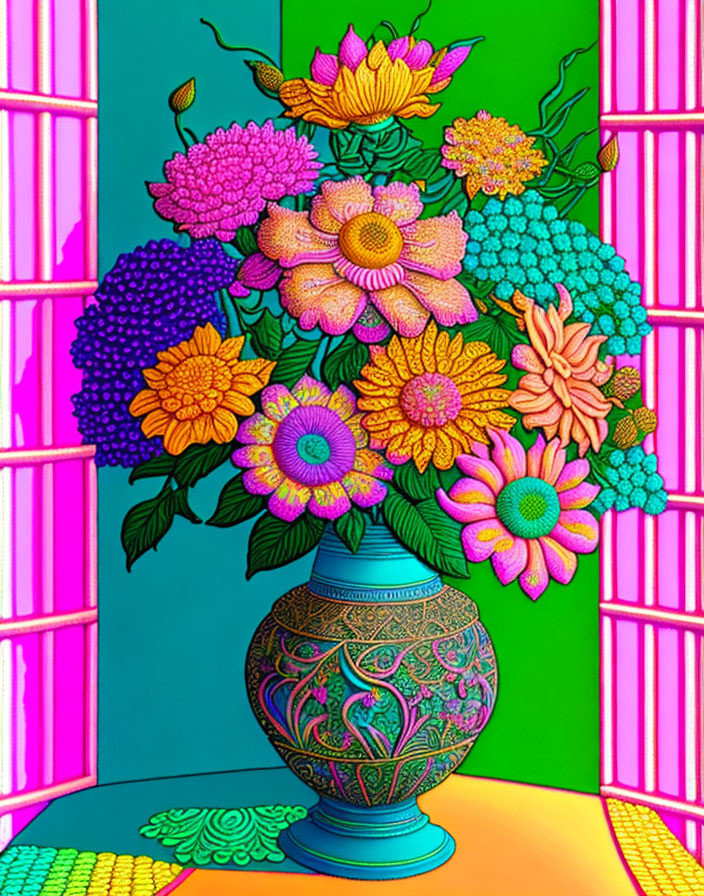 Colorful bouquet in patterned vase on pink and green background