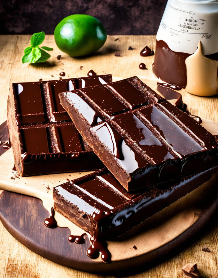 Glossy chocolate bars on wooden board with drizzled chocolate and lime/mint leaf