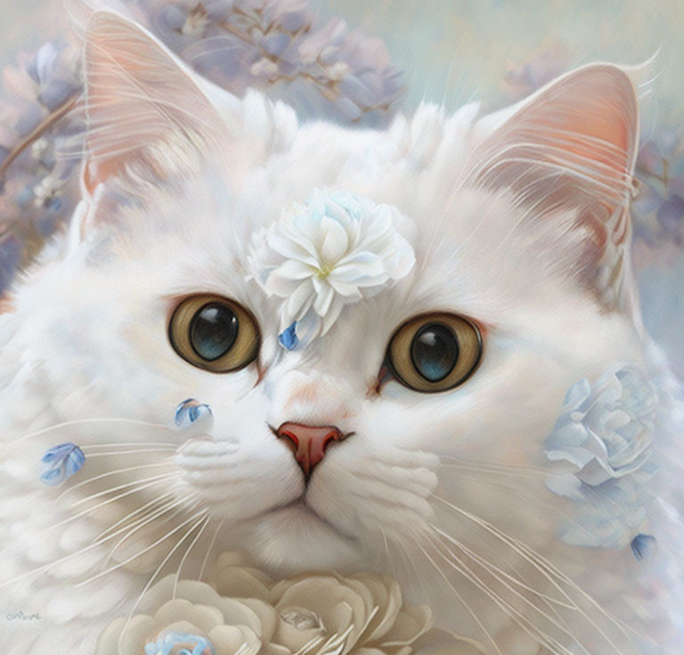 Fluffy white cat with amber eyes among blue and white flowers