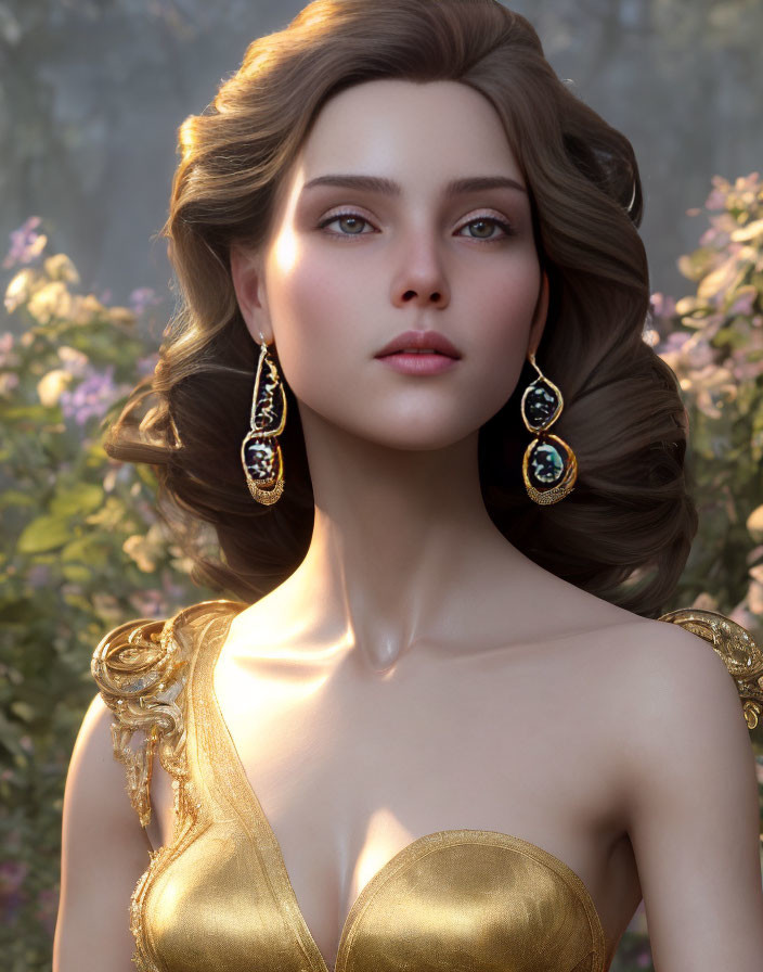 Digital portrait of woman with wavy hair, gold earrings, and outfit against soft background