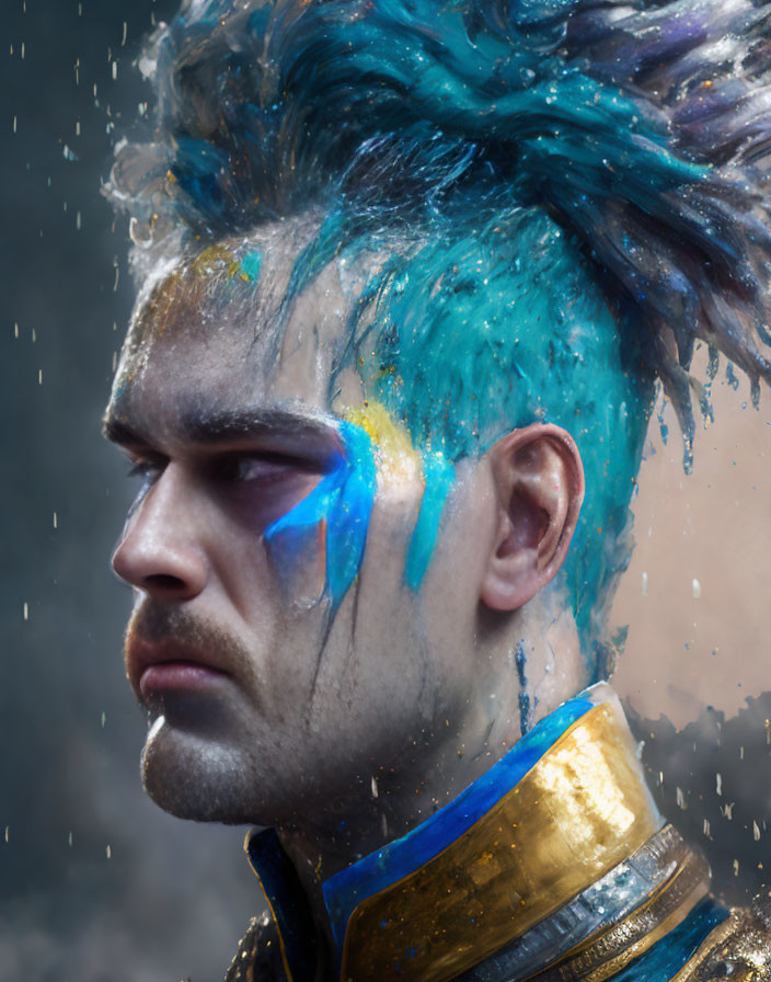 Blue-faced man with dynamic hair flick and suspended water droplets.