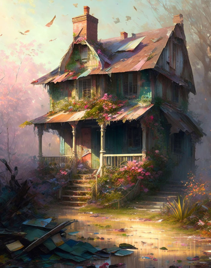 Weathered two-story house surrounded by misty autumn forest and pond with floating leaves