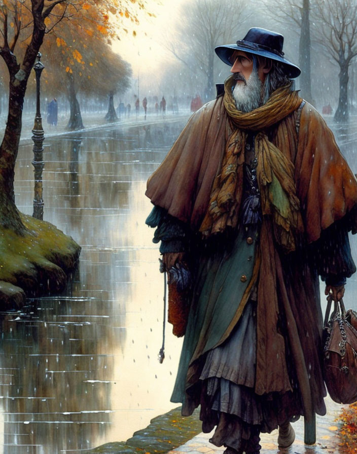 Elder man in cloak and hat on rain-soaked promenade with autumn trees.
