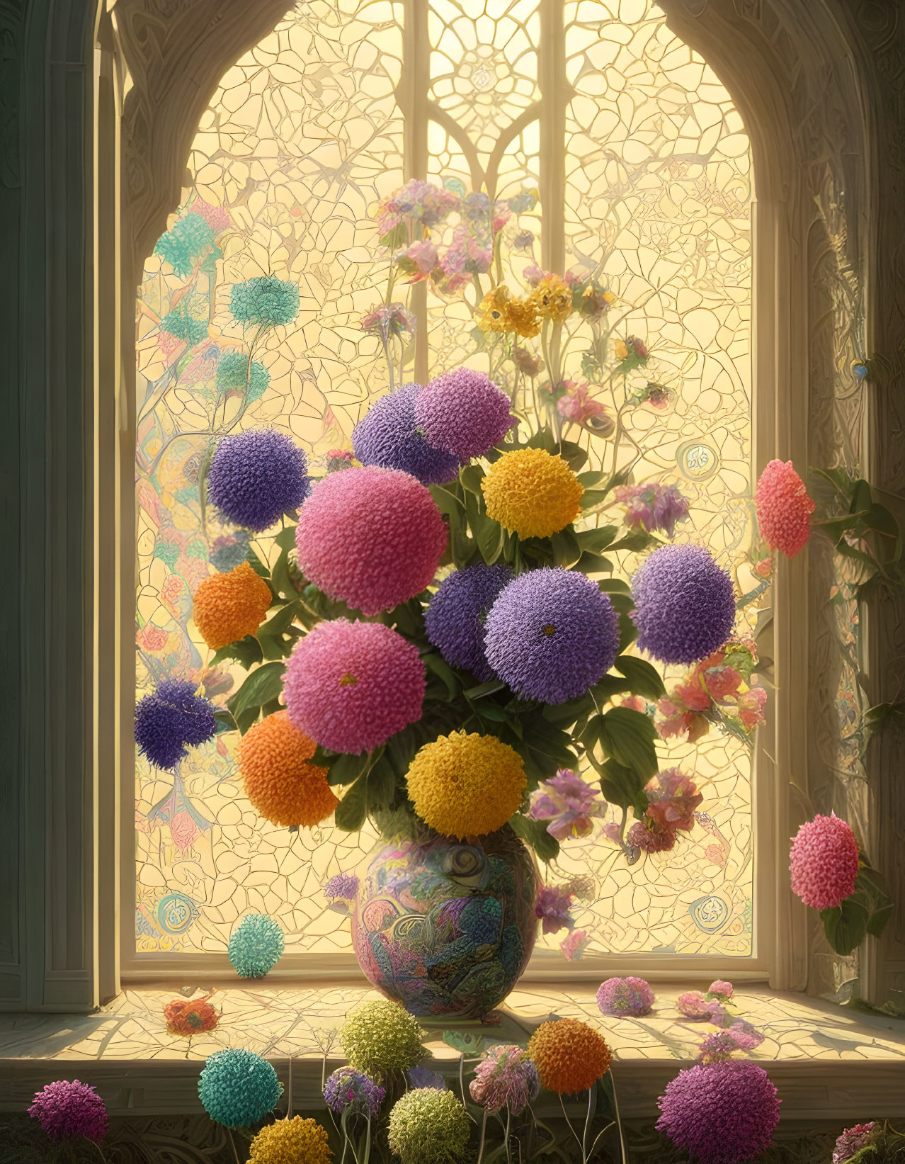 Colorful Flower Bouquet in Patterned Vase on Sunlit Windowsill