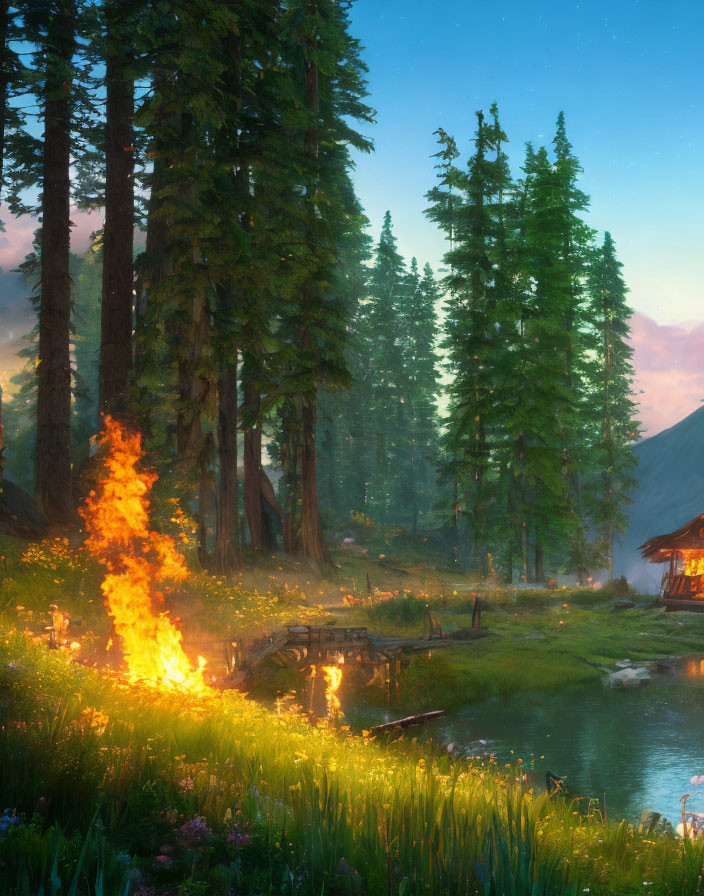Tranquil forest sunset with pond, bridge, cabin, and campfire