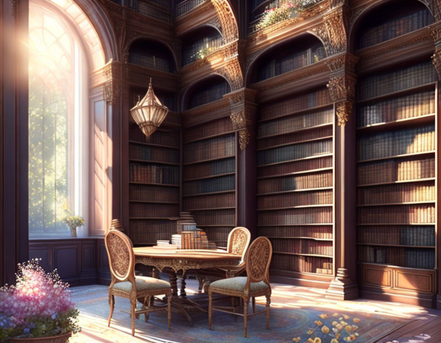 Spacious library with wooden bookshelves, round table, sunlight, and blooming flowers