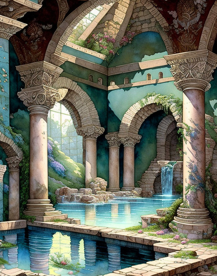 Indoor pool surrounded by stone pillars, arches, ivy, flowers, and sunlight.
