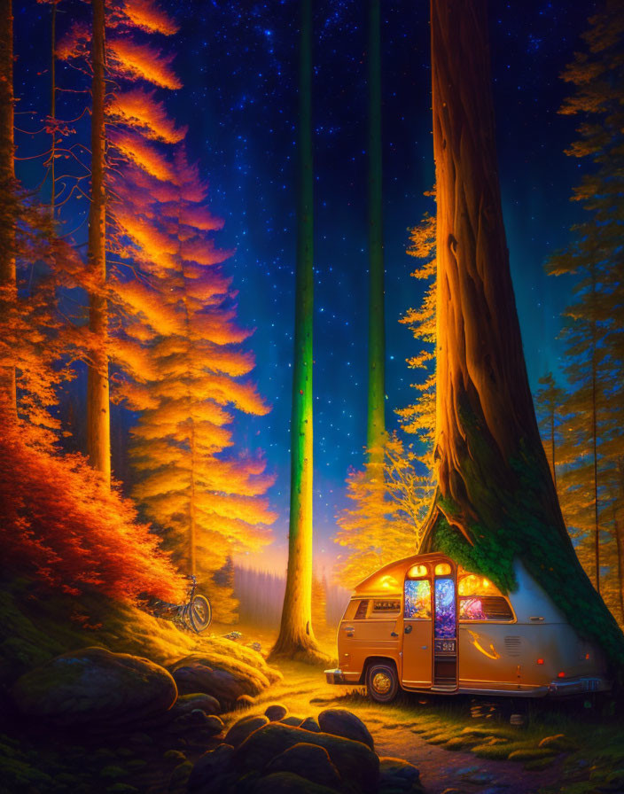 Campervan in mystical forest: Northern Lights, glowing trees, bike, warm light