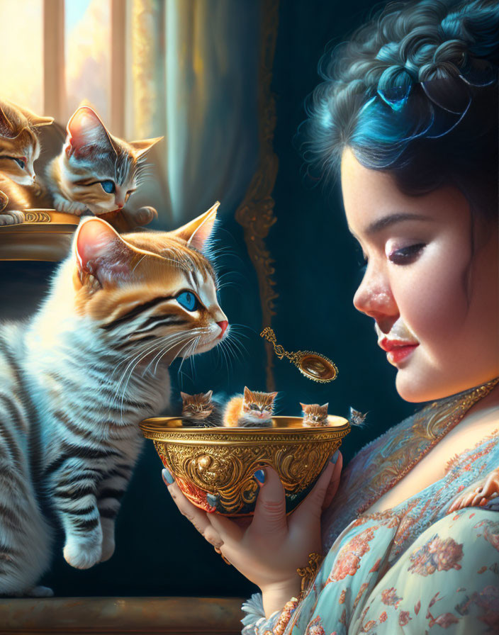Blue-haired woman admires golden bowl with kittens and adult cat